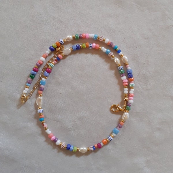 Colorful Seed Bead Necklace with freshwater pearls, Freshwater Pearl Choker, boho jewellery, gift for her, autumn necklace