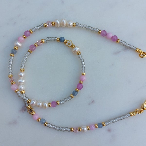 Perlenkette, Halskette aus Süßwasserperlen und Perlen, graue und rosa Halskette, handgemachte Halskette, Perlenhalsband, Muttertagsgeschenk