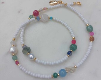 Handmade Gemstone Pearl Necklace: Aventurine, Rose Quartz, Citrine