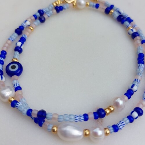 Freshwater Pearl and Beads Necklace Real Pearl and Blue Beads - Etsy