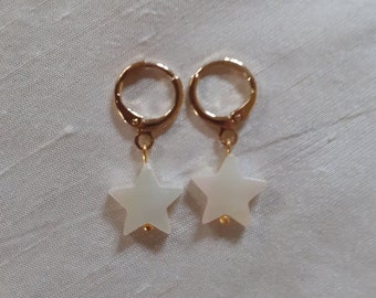 Gold plated hoops, mother of pearl star hoops, hoop earrings, gold jewelry, gold plated jewelry, gold hoops, gold plated earrings,