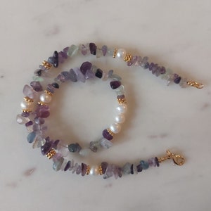 Gemstone and freshwater pearl necklace, fluorite chips and real pearl necklace, gift for her, Christmas 2022, Christmas gift