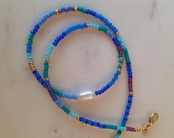 Handmade Beaded Necklace: Blue Seed Beads, Freshwater Pearl