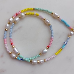 Beaded summer necklace, pastel necklace, seed bead and pearl necklace, boho jewellery, gift for her, freshwater pearl choker