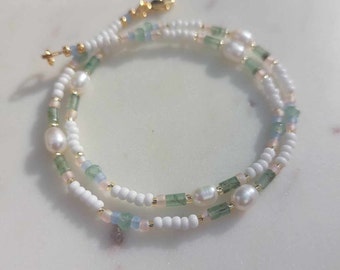 Freshwater pearl and gemstone necklace, real pearl and aventurine beads necklace, gemstone beads necklace, beaded freshwater pearl choker,