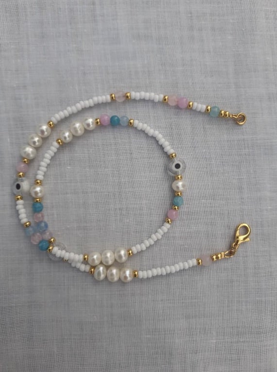 Freshwater Pearl and Gemstone Necklace Real Pearl and Evil - Etsy