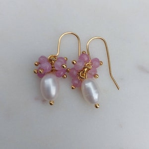 Pearl earrings, dangly jade and pearl earrings, gold plated earrings, pink gemstone earrings, Christmas present, gift for her