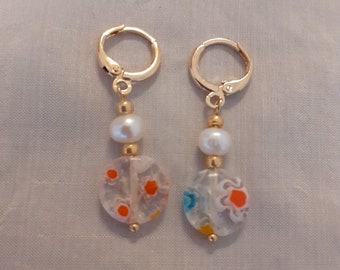 Pearl earrings, gold plated hoops, pearl hoops, Millefiori and pearl hoops, Valentines gift, pearl earrings, hoop earrings