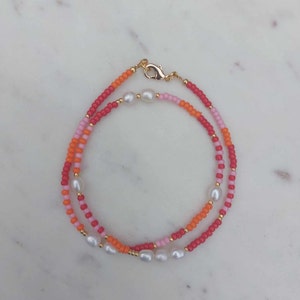Freshwater pearl and seed beads necklace, Pearl and colourful beads necklace, pink, red and orange necklace, beaded choker, gift for her