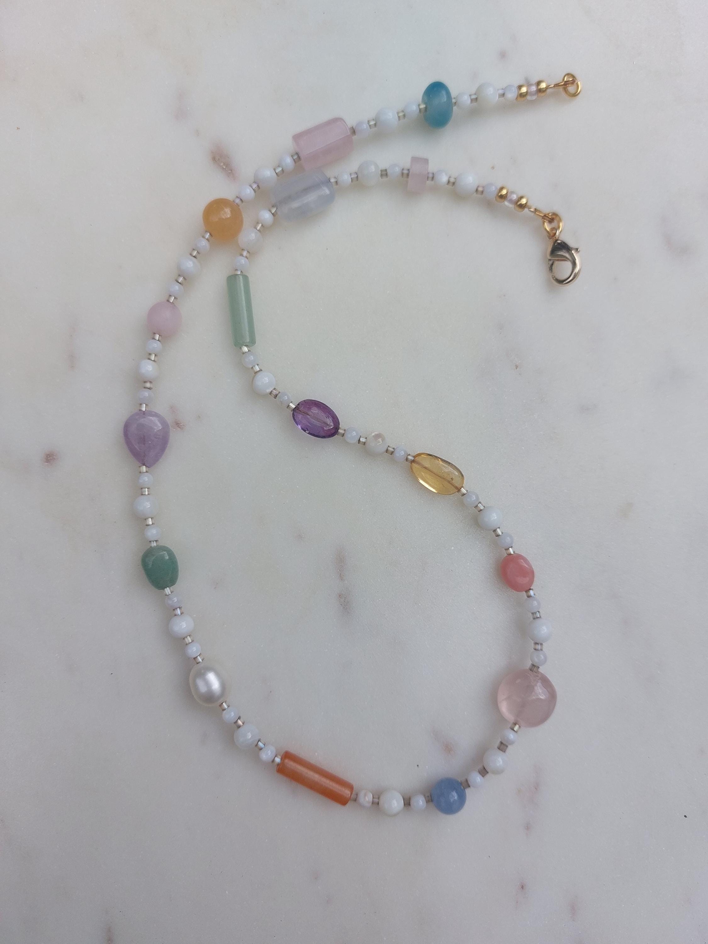 Collier Créateur Multirang En Nacre, Rocaille Et Bois - Longueur ~43 Cm - Style Bohème Et Naturel