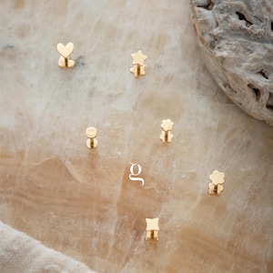 Minimalist 14K Gold Flat Back Stud Earrings – Dainty Heart, Star, Flower, Smiley Face Cartilage Piercing Jewelry, Helix & Tragus Studs
