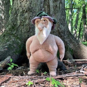 May include: A knitted figurine of a nude man with a white beard and a green and purple hat standing in a woodland setting.