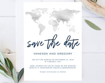 Editable World Map Save The Date Invitation Template, Destination Wedding, World Traveler, Instant Download