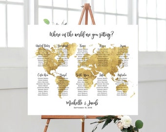 Editable Gold World Map Seating Chart, Includes 5 Table Sizes, Up to 240 Guests, Destination Wedding, World Traveler, Instant Download