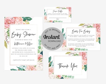 Editable Pink & White Floral Baby Shower Invitation Bundle (Invitation, Books for Baby, Diaper Raffle and Thank You Card), Instant Download