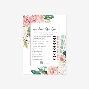 Editable Pink and White Floral He Said, She Said Game, Floral Bridal Shower, Bridal Shower Game, Printable Template, Instant Download image 1