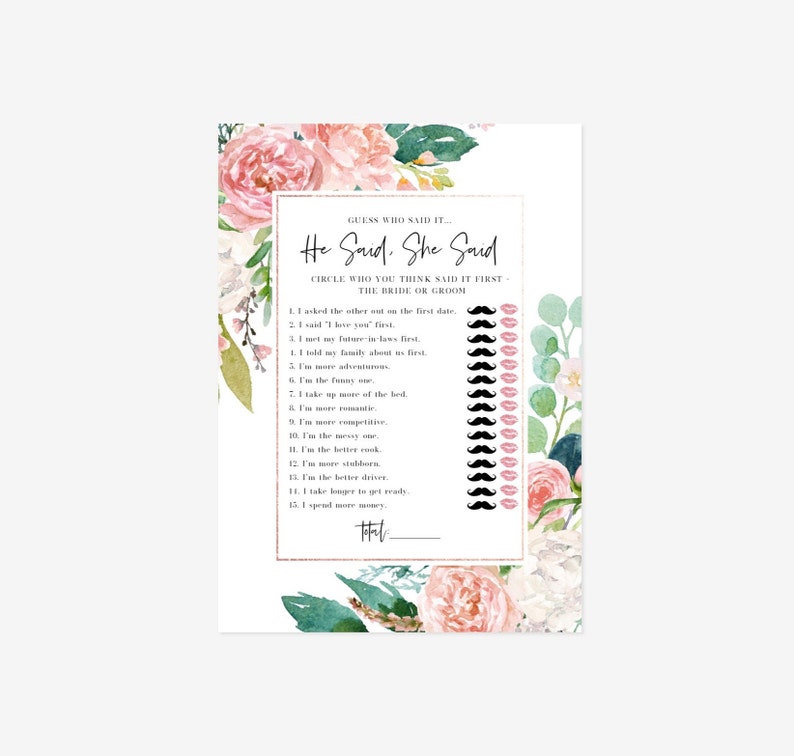 Editable Pink and White Floral He Said, She Said Game, Floral Bridal Shower, Bridal Shower Game, Printable Template, Instant Download image 1