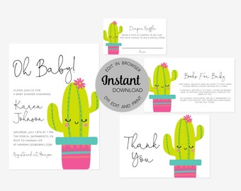 Editable Cacti Baby Shower Invitation Bundle (Invitation, Books for Baby, Diaper Raffle and Thank You Card), Instant Download