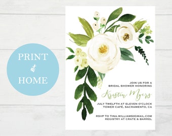 Editable Watercolor White Floral Bridal Shower Invitation Template, Instant PDF Download