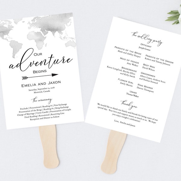 Editable Wedding Program Fan Template, Destination Wedding Wedding Program, Travel Wedding, World Map, Printable Template, Instant Download