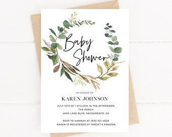 Editable Baby Shower Invitation, Greenery Baby Shower, Printable Template, Instant Download