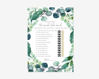 Editable Greenery He Said, She Said Template, Bridal Shower, Bridal Shower Game, Printable Template, Instant Download