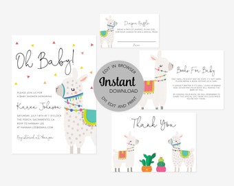 Editable Llama and Cacti Baby Shower Invitation Bundle (Invitation, Books for Baby, Diaper Raffle and Thank You Card), Instant Download