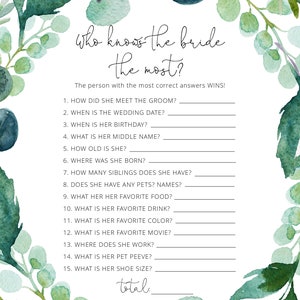 Editable Greenery Who Knows The Bride The Most Template, Bridal Shower, Shower Game, Printable Template, Instant Download image 2