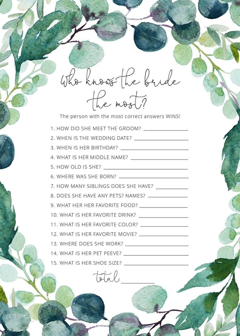 Editable Greenery Who Knows The Bride The Most Template, Bridal Shower, Shower Game, Printable Template, Instant Download image 2