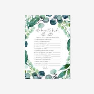 Editable Greenery Who Knows The Bride The Most Template, Bridal Shower, Shower Game, Printable Template, Instant Download image 1