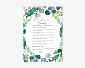 Editable Greenery Who Knows The Bride The Most Template, Bridal Shower, Shower Game, Printable Template, Instant Download