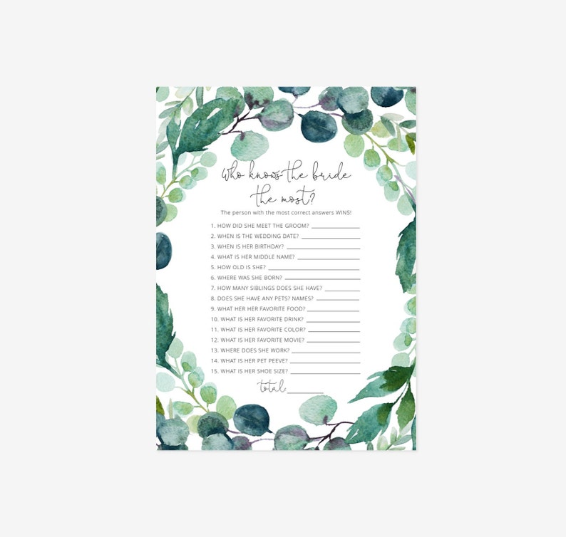 Editable Greenery Who Knows The Bride The Most Template, Bridal Shower, Shower Game, Printable Template, Instant Download image 1