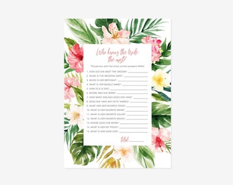 Editable Tropical Who Knows the Bride the Most, Bridal Shower, Tropical Bridal Game, Printable Template, Instant Download