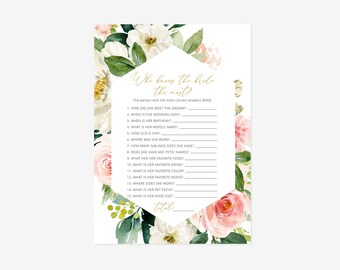 Editable Pink and White Floral Who Knows the Bride the Most, Bridal Shower, Floral Shower Game, Printable Template, Instant Download