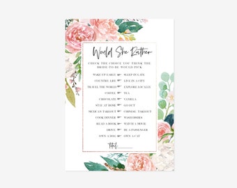 Editable Pink and White Floral Would She Rather Game, Bridal Shower, Baby Shower, Floral Shower Game, Printable Template, Instant Download