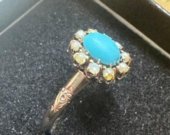 Victorian Turquoise Cabochon and Seed Pearl Ring in 10k Rose Gold