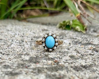 Victorian Turquoise Cabochon and Seed Pearl Ring in 10k Rose Gold