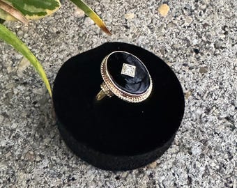 Mid-Century Onyx and Diamond Ring in 14k Yellow Gold | Size 6