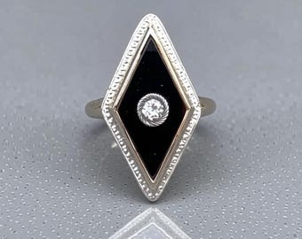 Art Deco Onyx and Diamond Ring in 14k Yellow and White Gold CPJ-RE 091625
