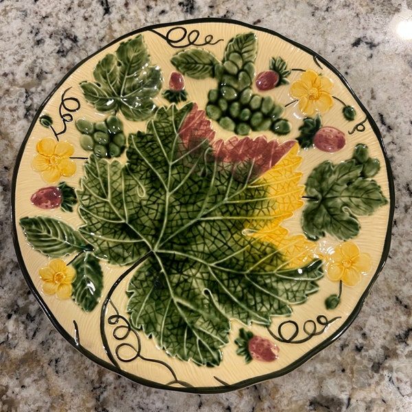 Vintage 8” Majolica Plate West Germany 3778 Grape Strawberry Leaves Yellow