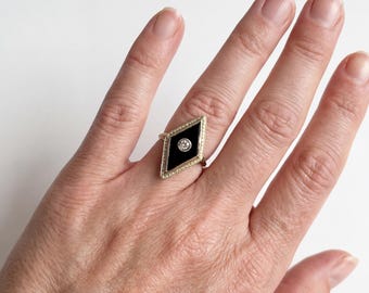 Art Deco Onyx and Diamond Ring in 14k Yellow and White Gold