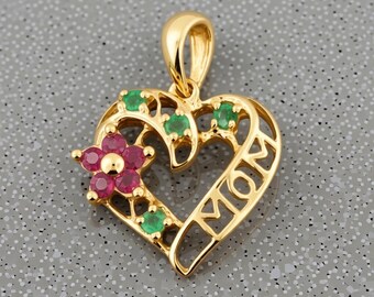 10K Gold Ruby & Emerald “Mom” Heart Pendant