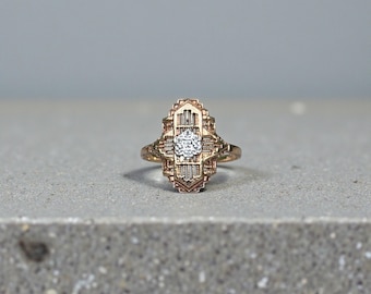 Vintage Art Deco Diamond Ring in 10k Gold by Vellmar | Geometric Plaque Ring |  Size 8