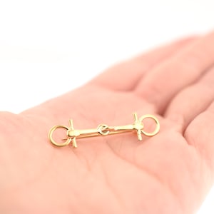 May include: A gold-toned metal horse bit brooch. The brooch is in the shape of a horse bit with two rings on either end.