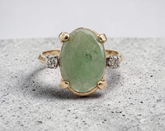 Jade and Diamond Ring in 14k Yellow Gold - Mid-Century Elegance