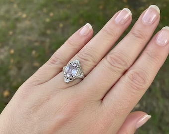 Art Deco 14K White Gold Ring with Lavender Spinel | Vintage Lavender Stone Geometric Ring | Size 7