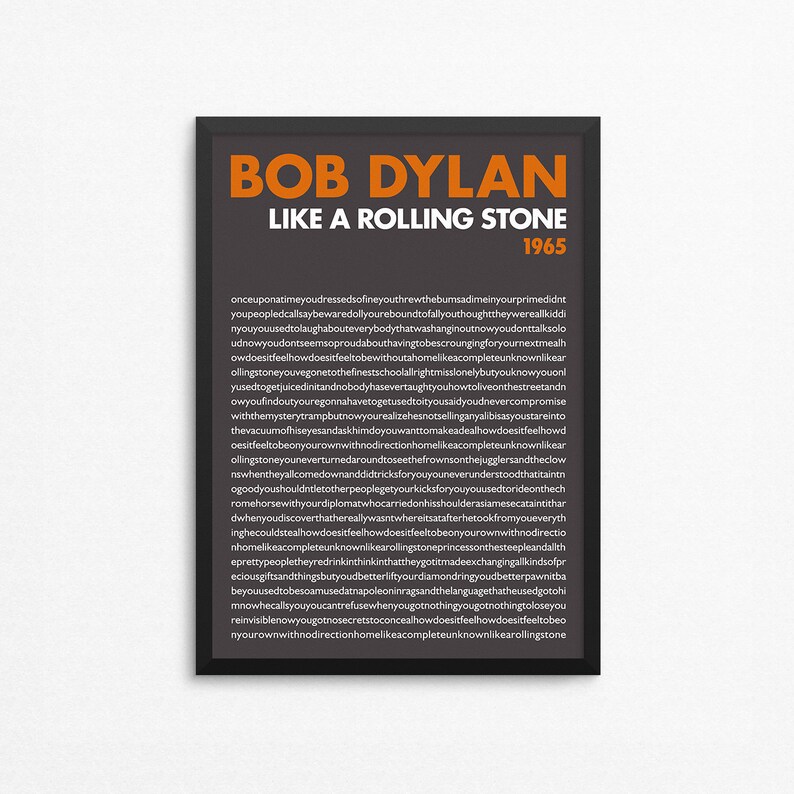 Bob Dylan Like A Rolling Stone A3 Lyric Print Retro Print Art Print Modern Vintage Retro Art Nostalgia Modern Art