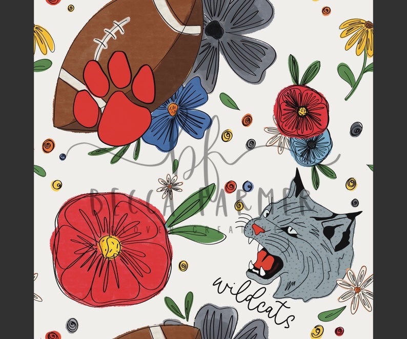 Wildcat Pattern Background Wildcat Floral Football | Seamless Pattern - Etsy
