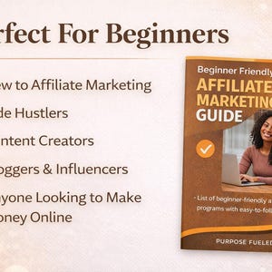 Puede incluir: Una gu&iacute;a de marketing de afiliaci&oacute;n para principiantes. La portada muestra a una mujer trabajando en un port&aacute;til, con el t&iacute;tulo "Beginner Friendly Affiliate Marketing Guide". El texto de la izquierda enumera los p&uacute;blicos objetivo: Nuevos en marketing de afiliaci&oacute;n, Side Hustlers, Creadores de contenido, Bloggers e influencers.