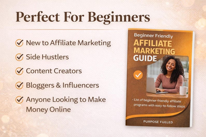 Puede incluir: Una gu&iacute;a de marketing de afiliaci&oacute;n para principiantes. La portada muestra a una mujer trabajando en un port&aacute;til, con el t&iacute;tulo "Beginner Friendly Affiliate Marketing Guide". El texto de la izquierda enumera los p&uacute;blicos objetivo: Nuevos en marketing de afiliaci&oacute;n, Side Hustlers, Creadores de contenido, Bloggers e influencers.